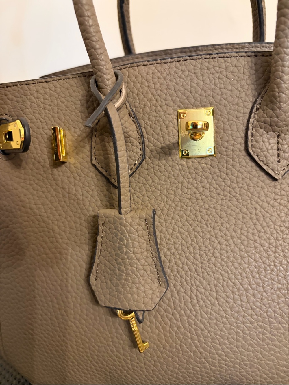 Taupe( a grey beige)  Vegan Leather Top-Handle Satchel with Gold Hardware - Picture 5 of 11